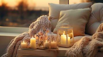 AI generated Cozy living room with a couch covered in pillows and a blanket, a lantern, and candles on a wooden table in front of a window. The warm glow of the candles and lantern creates a relaxing photo