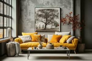 AI generated a modern living room with a yellow sofa, a coffee table, and a large black and white photograph on the wall. The room has a gray color scheme with a concrete wall and a large window. photo
