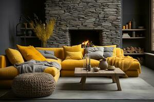 AI generated Modern farmhouse living room with a yellow couch, stone fireplace, and wood floors. The living room is decorated with rustic and modern elements, such as the exposed wood beams photo