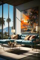 AI generated a modern living room with a tropical theme. The room has a large window with a view of palm trees and mountains. The furniture is contemporary and the color scheme is blue and gold. photo