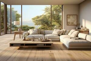 AI generated A modern living room with a beautiful view of nature. The room is furnished with a white sectional sofa, a wooden coffee table, and a wooden side table. The floor is made of light wood photo