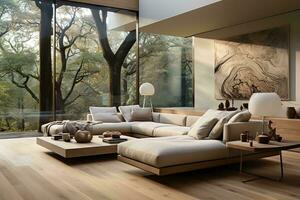 AI generated Modern living room with a large couch and coffee table, bathed in natural light. The couch is upholstered in a soft, neutral fabric and has comfortable throw pillows. photo