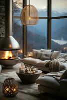 AI generated Cozy living room with fireplace, mountain view, and rustic decor. The fireplace is crackling, and the room is filled with the warm glow of the fire. The mountain view is breathtaking photo