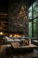 AI generated Soothing and serene living room with a white brick fireplace, wooden coffee table, and plush seating, creating a cozy and inviting space to relax and unwind. photo