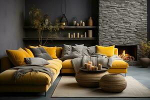 AI generated Rustic-modern living room with a fireplace, couch, and TV. The room has exposed wood beams and brick walls, which give it a rustic charm. The couch and TV are modern and sleek photo