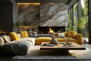 AI generated Bright and airy living room with a fireplace and couch, overlooking a lush green garden. The room has large windows that let in plenty of natural light. The fireplace is made of brick photo