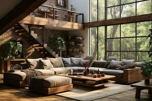 AI generated Modern living room with a fireplace, couch, coffee table, and stairs. The room has a clean and minimalist design, with white walls and light wood floors. The fireplace is the focal point photo