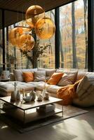 AI generated Cozy living room with fireplace, mountain view, and rustic decor. The fireplace is crackling, and the room is filled with the warm glow of the fire. The mountain view is breathtaking photo