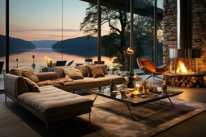 AI generated Inviting and spacious living room with a large stone fireplace, white couch, and wooden coffee table, creating a warm and welcoming space to relax and unwind. photo