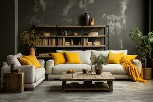 AI generated a modern living room with a gray wall and a white sofa with yellow pillows. The room has a wooden coffee table and a bookshelf with various decorations. The room also has a plant photo