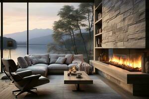 AI generated Cozy rustic living room with a stone fireplace and leather couch, nestled in front of a large window with breathtaking lake views. The room is decorated with natural elements photo