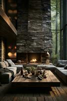 AI generated Inviting living room with a grand stone fireplace, cozy sectional couch, and rustic wood coffee table, offering a warm and welcoming atmosphere. The high ceilings and large windows flood photo