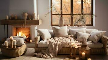 AI generated Warm and inviting living room with a wicker couch covered in a blanket and pillows, a lit fireplace, and candles on the floor, creating a cozy and relaxing atmosphere. photo