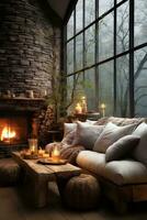 AI generated Warm and inviting living room with fireplace, leather couch, coffee table, rug, and artwork. The fireplace is the focal point of the room, and the leather couch is perfectly photo