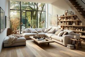 AI generated A bright and modern living room with a white sectional couch, coffee table, patterned rug, and stairs leading up to the second floor. The couch is facing a large TV on the wall photo