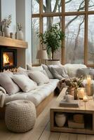 AI generated Inviting living room with a brick fireplace, leather couch, wooden coffee table, and patterned rug. The room is decorated in warm colors such as brown, red, and yellow. photo