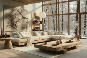 AI generated Inviting living room with a plush couch, coffee table, and large painting of a snow-covered forest. The fireplace adds warmth and ambiance, while the painting brings photo