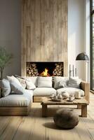 AI generated Warm and inviting living room with a brick fireplace, gray couch, wooden coffee table, and patterned rug. The room is decorated in neutral colors with pops of blue from the accent pillows photo