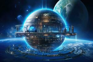 AI generated Science fiction illustration of a planet earth in the space. 3D rendering, A space station orbiting a planet with digital waves, advanced technology, and holographic displays photo