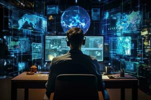 AI generated Back view of young businessman sitting at table in office and looking at hologram screens, A software engineer engaged in computer work involving data analysis and AI algorithms photo