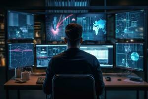 AI generated Back view of young businessman sitting at desk in front of computer monitors, A software engineer engaged in computer work involving data analysis and AI algorithms, captured from photo
