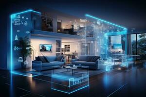 AI generated Modern bright interiors. 3d rendering toned image double exposure, A smart home interior connected with an internet connection, featuring a digital technology hologram, AI Generated photo