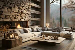 AI generated A cozy and inviting living room with a gray couch, wooden coffee table, and large window overlooking a snow-covered forest. The gray couch is the focal point of the room photo