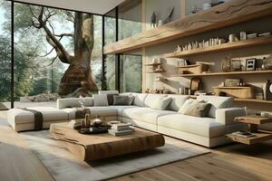 AI generated Inviting living room with a plush white couch, sturdy wooden coffee table, and floating shelves. The space is warmed by natural light from the large window and a cozy fireplace. photo