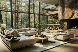 AI generated A warm and inviting living room with a large couch, coffee table, and fireplace, with a view of the woods outside. The couch is the focal point of the room, and its neutral color photo