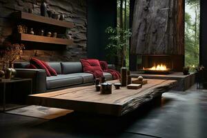 AI generated Cozy living room with a white couch, wooden coffee table, and fireplace in front of a large window with a view of trees and mountains. The couch is covered in a soft fabric photo