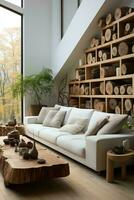AI generated Cozy living room with a white couch, wooden coffee table, and a stack of logs in front of a stone fireplace. The couch is covered in a soft fabric and has throw pillows in various shades photo