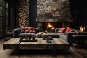 AI generated Living room with a gray couch, wooden coffee table, and fireplace. The couch is covered in a soft fabric and has throw pillows in various colors. The coffee table is topped photo