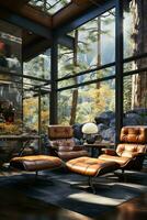 AI generated Breathtaking living room with floor-to-ceiling windows that offer panoramic views of a lush forest. The cozy fireplace adds warmth and ambiance to the space photo