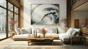 AI generated The painting is the focal point of the room, and its blue and white colors complement the neutral tones of the furniture and decor. The couch is inviting, with pillows in shades photo