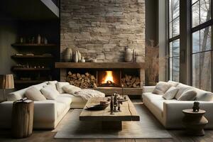 AI generated Bright and airy living room with a fireplace, couch, and coffee table in front of a large window. The fireplace is made of brick and has a wooden mantel decorated with a few candlesticks photo