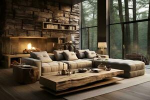 AI generated A warm and inviting living room with a gray couch, wooden coffee table, and fireplace. The gray couch is the focal point of the room, and its neutral color creates a calming photo