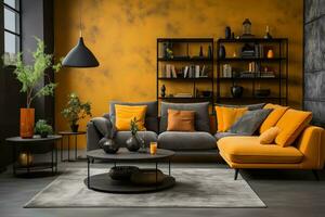 AI generated Stylish living room with a plush grey couch, yellow throw pillows, and a sleek white coffee table. The space is decorated with neutral colors and minimalist accents. photo