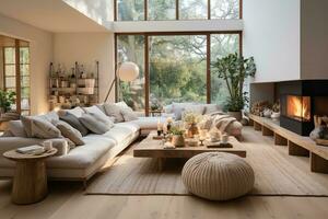 AI generated Cozy living room with a white couch, wooden coffee table, and fireplace in front of a large window with a view of trees and mountains. The couch is covered in a soft fabric photo
