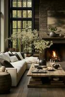 AI generated Modern living room with large window and stunning city view. The gray couch and fireplace create a cozy and inviting atmosphere, while the coffee table photo