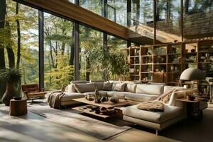 AI generated A cozy and inviting living room with a large L-shaped sectional couch, wooden coffee table, and large windows with a view of a lush green forest. photo