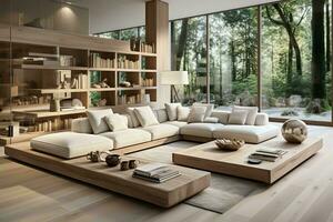 AI generated Spacious living room with a large sectional couch, two coffee tables, and a wooden bookshelf. The couch is covered in pillows, and the coffee tables are filled with books and magazines. photo