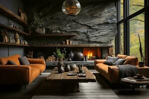 AI generated Spacious and well-lit living room with a fireplace, couch, coffee table, and rug in front of a large window with a view of trees and mountains. The fireplace is made of brick photo