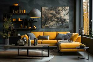AI generated Inviting living room with a plush yellow couch, fireplace, and abstract painting. The space is decorated in warm, neutral tones with pops of color from the throw pillows and artwork. photo