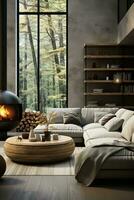 AI generated A sophisticated and elegant living room with a white couch, coffee table, and fireplace, with a view of the lush woods outside. The white couch is the focal point of the room photo