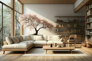AI generated A cozy living room with a white couch, wooden coffee table, and large potted plant in the corner. The couch is covered in a soft fabric and has throw pillows in various colors. photo