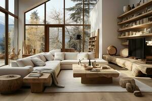 AI generated The round coffee table is a stylish and functional centerpiece, providing a surface to rest drinks and snacks photo