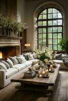 AI generated Inviting living room with fireplace, gray couch, blue armchairs, coffee table, rug, and hardwood floor. The neutral colors create a calming atmosphere, while the fireplace and armchairs photo