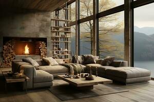 AI generated Tranquil living room with large window and breathtaking forest view. The fireplace and gray couch create a cozy and inviting atmosphere, while the coffee table photo