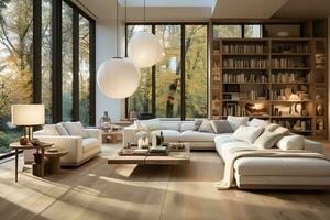 AI generated The painting is the focal point of the room, and its blue and white colors complement the neutral tones of the furniture and decor. The couch is inviting, with pillows in shades photo