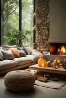 AI generated Cozy rustic living room with stone wall, fireplace, brown leather couch, wooden coffee table, and rug. Perfect for relaxing and enjoying the warmth of the fire. photo